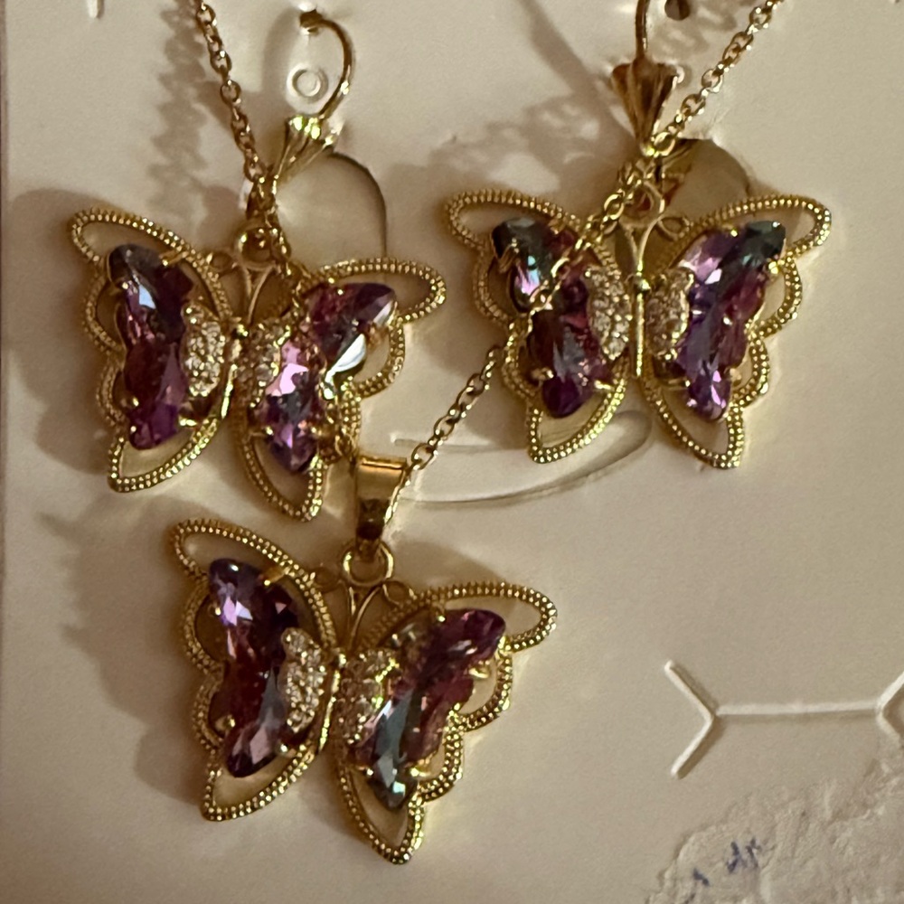 New Stainless Steel zicron Elegant Gold and Purple Butterfly Jewelry Set